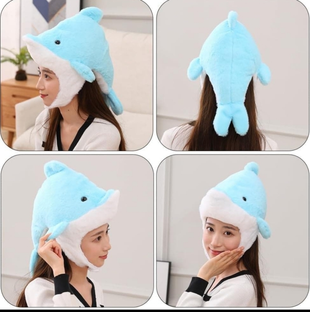 Blue Dolphin Plush Hat, Super Soft Warm With Ear Flaps, Party Halloween Custom - Picture 5 of 6